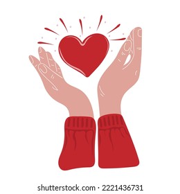 Handgezeichnete menschliche Hände, die das Herz halten. Valentinstag- oder Handcharakter-Konzept. Design-Element für Karten, Poster, Banner