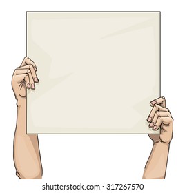 Hand drawn human hands, holding up a blank card with space for your message, vector illustration