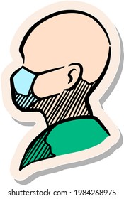 Hand drawn human head figure wearing medical face mask in sticker style vector illustration