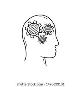 Hand drawn human head with gear isolated on a white. Vector illustration.