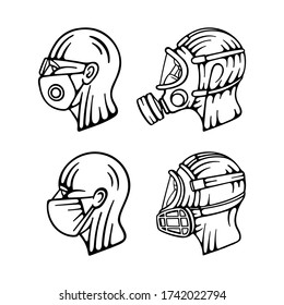 Hand drawn human head in profile with face, skin and respiratory system high level protection equipment: medical mask, shield, glasses, respirators and protection suit. 