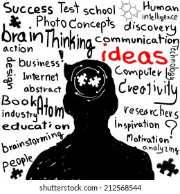 hand drawn human head and science icons. the concept of learning,