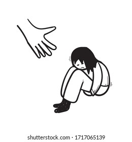 hand drawn Human hand helps a sad lonely woman to get rid of depression. A young unhappy girl sits and hugs her knees. The concept of support and care for people under stress. doodle