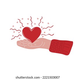 Hand drawn human hand holding heart. Valentines day or hand charity concept. Design element for cards, posters, banners