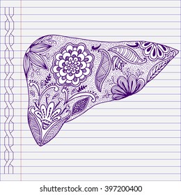 Hand drawn human liver. Human liver in doodle style. Hand drawn human liver on the notebook page.