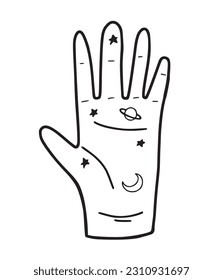 Hand drawn human palm with planets and crescent moon, predicting future lines, isolated line vector illustration with white background
