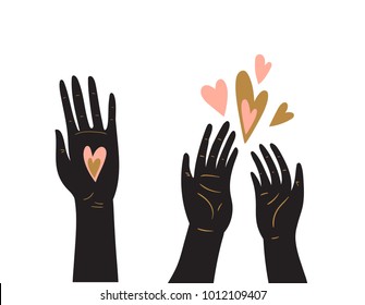 Hand drawn human palms with hearts isolated on the white background. Vector illustration. Cute decor for valentines day card or banners.