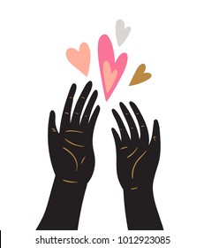 Hand drawn human palms with hearts isolated on the white background. Vector illustration. Cute decor for valentines day card or banners.