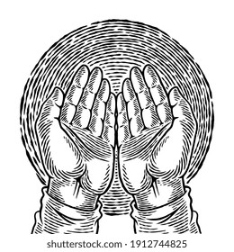 Mano dibujó mano humana en posición de rezar. Esbozo de arte conceptual de la religión. La palma de una oración islámica y un símbolo de mezquita de fe. Sencilla ilustración vectorial de gestos de manos.