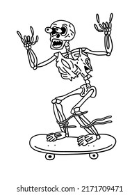 Hand drawn human skeleton riding a skateboard