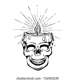 Hand drawn human skull with candle.
Vector illustration.
