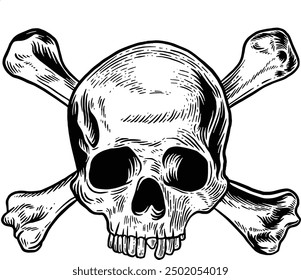 Hand drawn Human Skull with Crossed Bones Sketch Illustration