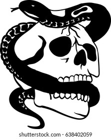 Hand drawn human skull entwined by snake. Vector illustration