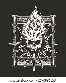 Hand drawn human skull with fire and frame illustration in horror concept