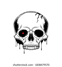 Hand drawn human skull with with glowing red eye