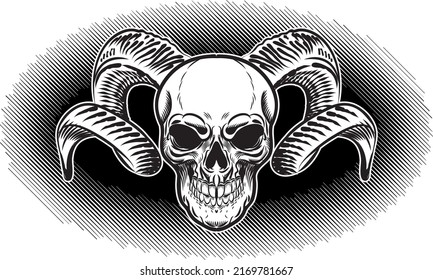 Hand Drawn human skull with goat horn doodle, vector illustration. Scull with ram, deer, a horned animal, tattoo design. Sketch for hipster tattoo or bohemian logo.
