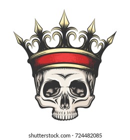 Hand Drawn Human Skull In Golden Crown In Tattoo Style. Vector Illustration