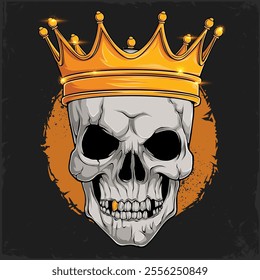 Hand drawn human skull head wearing a shiny golden majestic royal crown on top, skull with crown