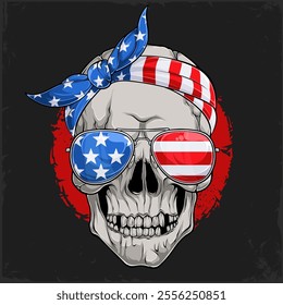 Hand drawn human skull head wearing American flag colors USA sun glasses and bandana on top 