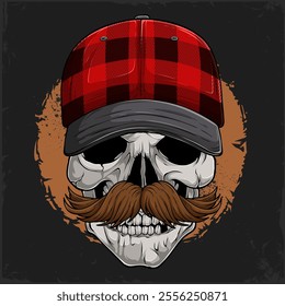 Hand drawn human skull head with brown moustache wearing red plaid cap, skull with red plaid cap