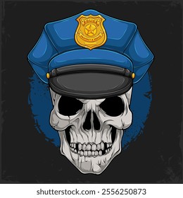 Hand drawn human skull head wearing Police peaked cap with golden badge isolated on black background