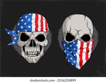 Hand drawn human skull heads wearing American bandana and balaclava, USA skull with bandana and mask