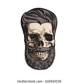 Hand drawn human skull with hipster hairdo, beard and moustache, sketch style vector illustration isolated on white background. Hand drawing of human skull with hipster hair, beard and whiskers