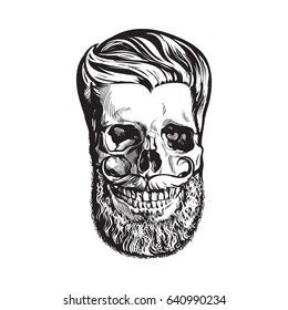 Hand drawn human skull with hipster hairdo, beard and moustache, black and white sketch style vector illustration isolated on white background. Hand drawing of human skull with hipster hair