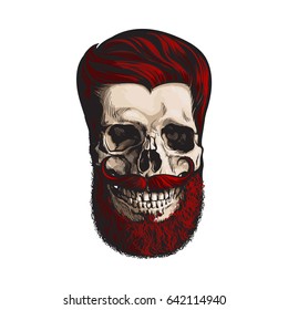 Hand drawn human skull with hipster red hairdo, beard and moustache, sketch style vector illustration isolated on white background. Hand drawing of human skull with hipster red hair, beard and whisker