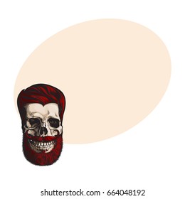 Hand drawn human skull with hipster red hairdo, beard and moustache, sketch style vector illustration with space for text. Hand drawing of human skull with hipster red hair, beard and whiskers