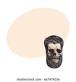 Hand drawn human skull with hipster hairdo, beard and moustache, sketch style vector illustration with space for text. Hand drawing of human skull with hipster hair, beard and whiskers