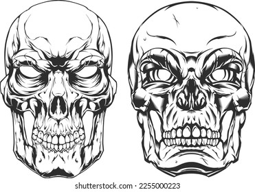 Hand drawn human skull isolated on white. Tattoo drawing on light background.