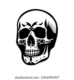 Hand drawn human skull isolated on white background black engraving style. Vector illustration.