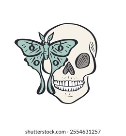 Hand drawn human skull with luna moth in the eye isolated on white background. Monochrome skeleton head with butterfly desig