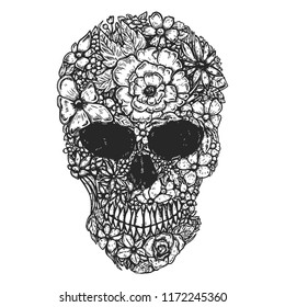 Hand Drawn Human Skull Made from flowers. Botany cranium. Design element for poster, t shirt. Vector illustration