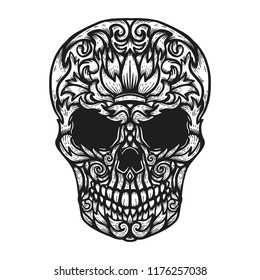 Hand Drawn Human Skull Made floral shapes. Design element for poster, t shirt. Vector illustration