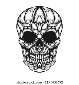 Hand Drawn Human Skull Made floral shapes. Design element for poster, t shirt. Vector illustration