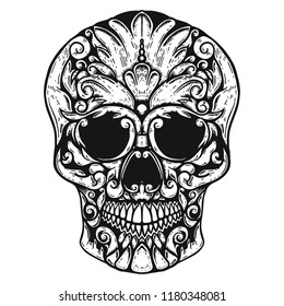 Hand Drawn Human Skull Made floral shapes. Design element for poster, t shirt. Vector illustration