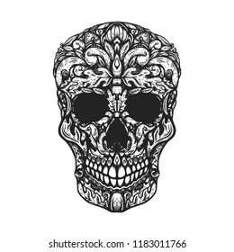 Hand Drawn Human Skull Made floral shapes. Design element for poster, t shirt. Vector illustration