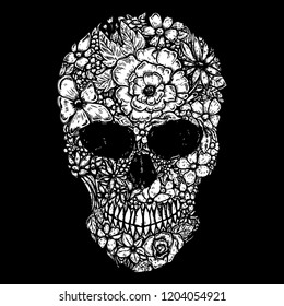 Hand Drawn Human Skull Made floral shapes. Design element for poster, t shirt. Vector illustration