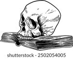 Hand drawn Human Skull on top of a Book Sketch Illustration