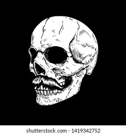 Hand drawn human skull on dark background. Design element for logo, label, sign, pin,poster, t shirt. Vector illustration