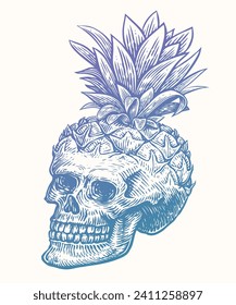 Hand drawn human skull pineapple with leaves. Vintage sketch vector illustration