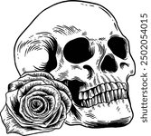 Hand drawn Human Skull with Rose Sketch Illustration