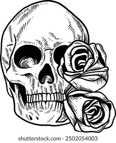 Hand drawn Human Skull with Roses Sketch Illustration