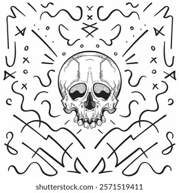 Hand drawn Human Skull with sharp lines on a white background