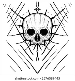 Hand drawn Human Skull with sharp lines on a white background