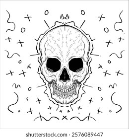 Hand drawn Human Skull with sharp lines on a white background