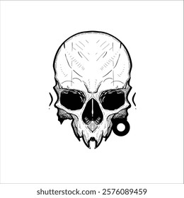 Hand drawn Human Skull with sharp lines on a white background