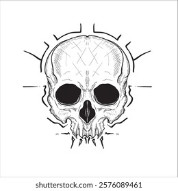 Hand drawn Human Skull with sharp lines on a white background